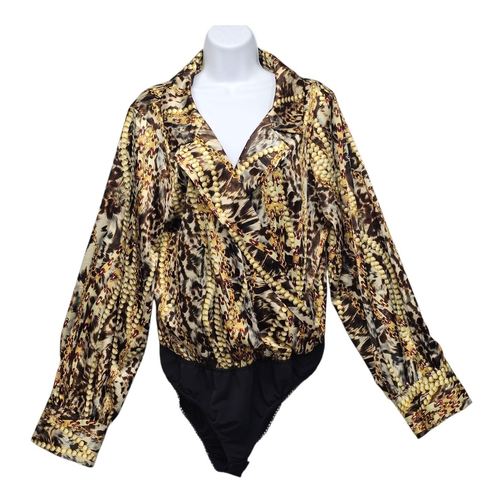 Shape FX Brown Satin Long Sleeve Bodysuit Draped Front Women's Size XL